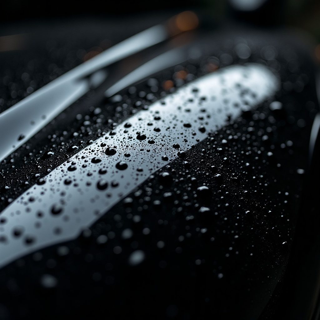 Water beading on a ceramic-coated glossy black car