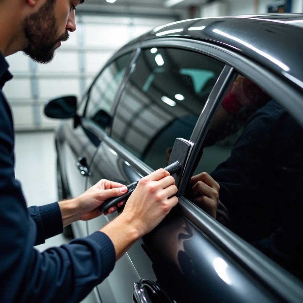 Technician applying window tint film to a car window